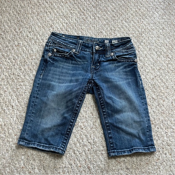 Miss Me Pants - Miss Me Blue Bermuda Jean Shorts Womens 26 JW5306M Dark Wash 12" Inseam Slim